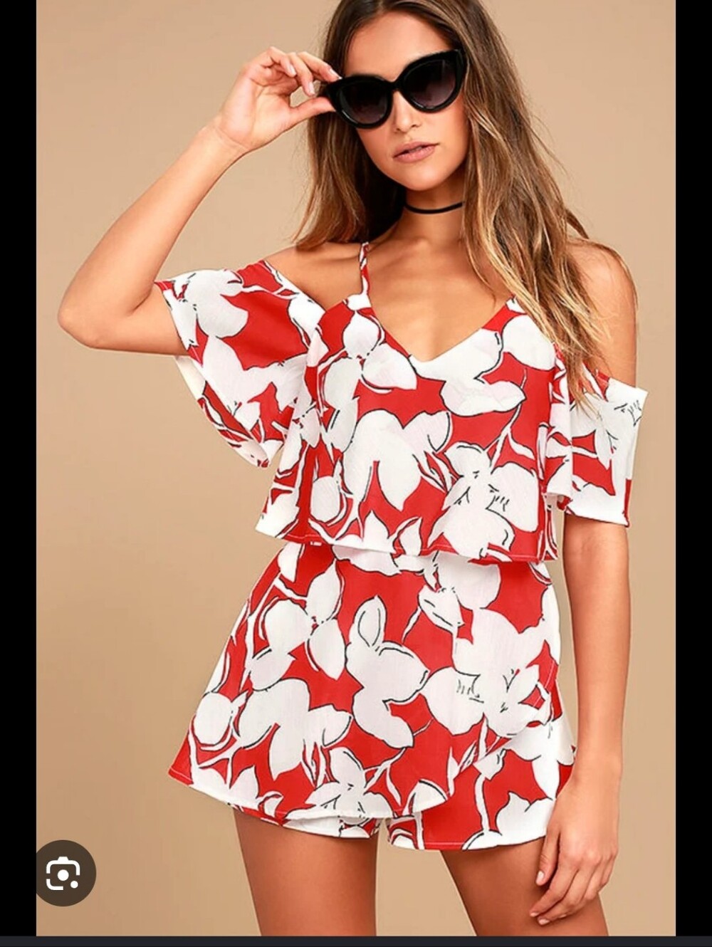 J.O.A• Red And White Floral Print Off The Shoulder Romper. Sz S